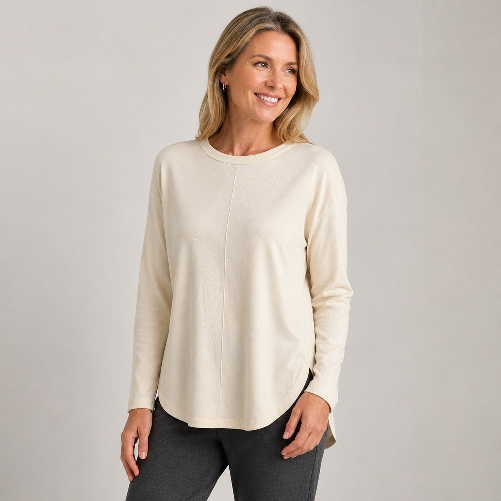 Pure Jill Cream Pima Cotton Modal Long Sleeve Seam Front High Low Top XS